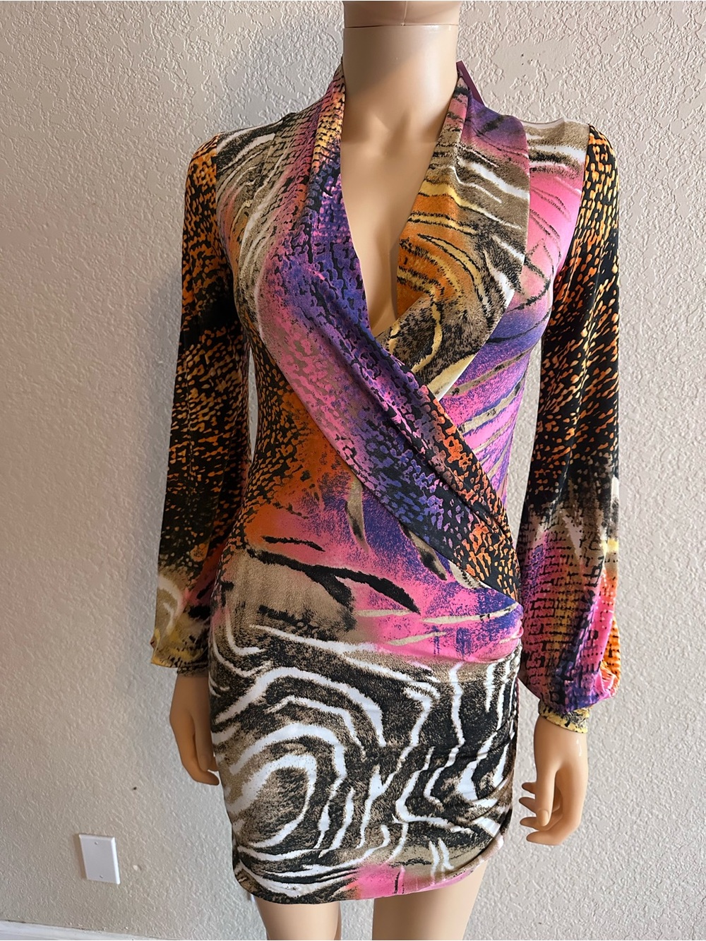 Savee Couture  Animal-Print Long Sleeve Wrap Dress inPink, Purple & Black